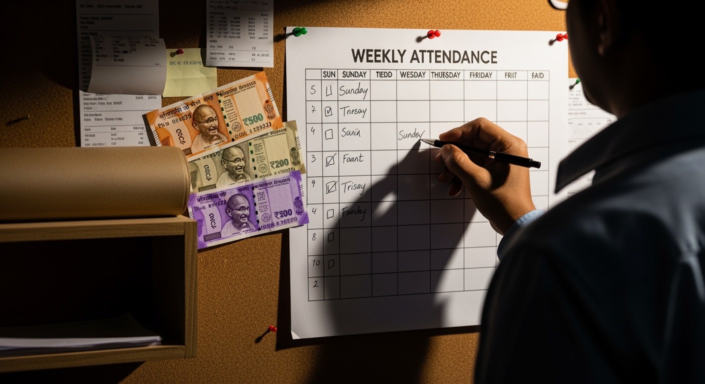 Weekly attendance sheet at end of Saturday with 7 days marked, total days computed, and manager closing signature