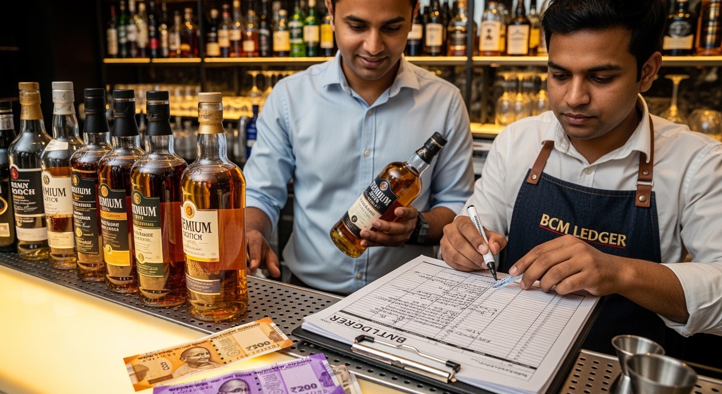 Manager and bartender both initialling a back-bar premium bottle's closing level on the BCM sheet