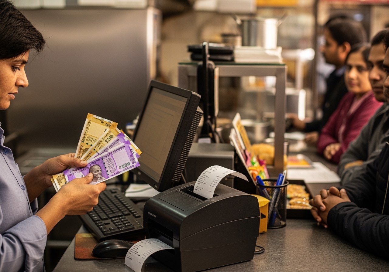 Cashier at a small QSR billing counter with a thermal printer beside the screen and a small queue at the counter