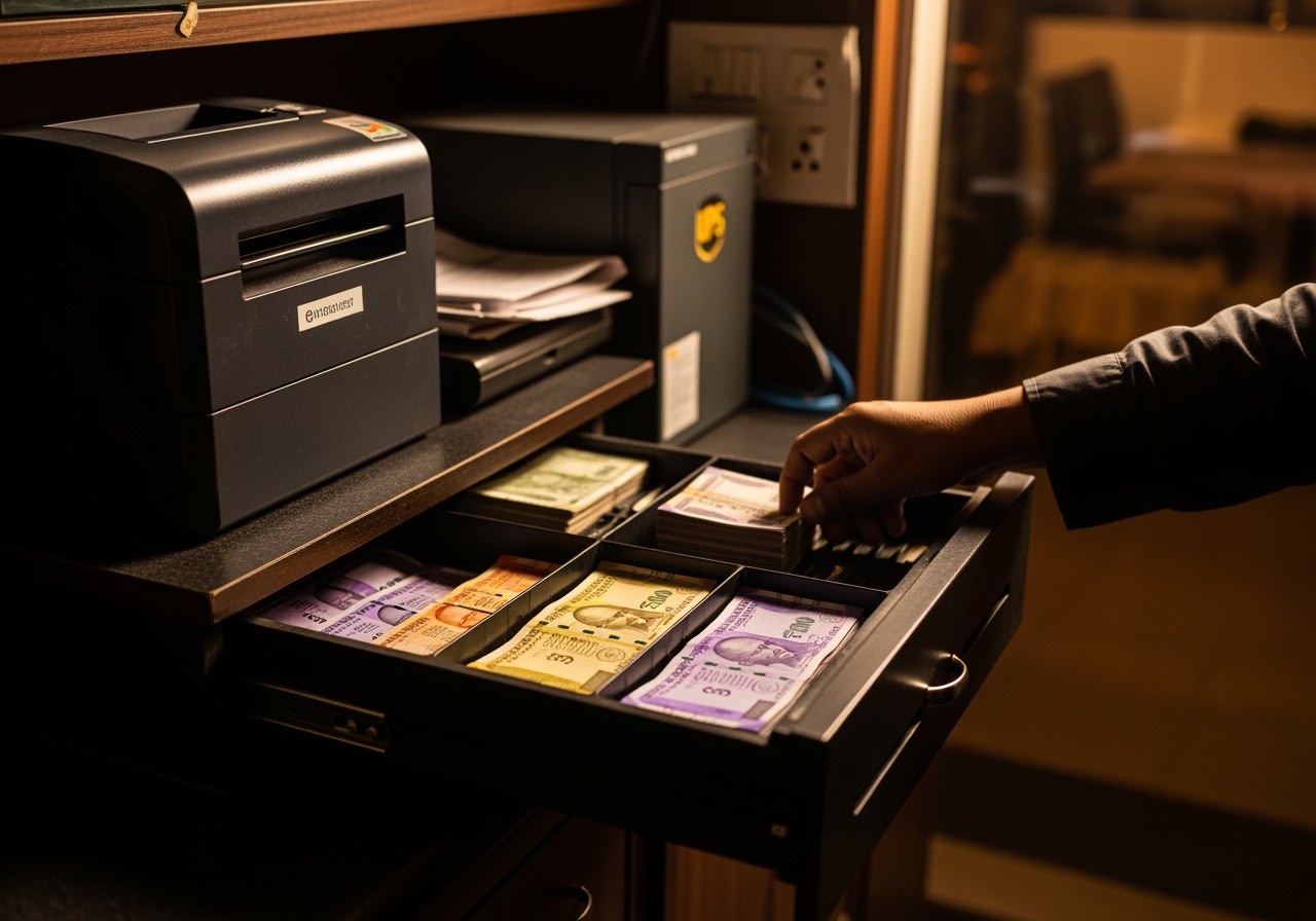 Compact billing counter with thermal printer, cash drawer, and UPS, viewed from behind the counter at end of day