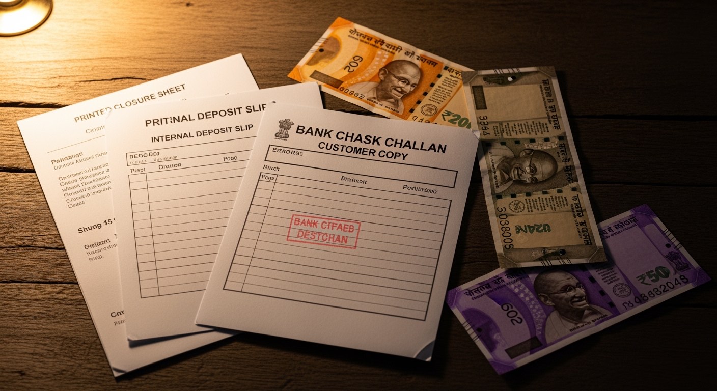 Stapled trio — close sheet, internal slip, stamped bank challan — in deposit binder