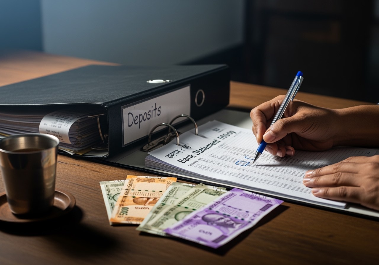 Owner doing month-end bank statement reconciliation with deposit binder open