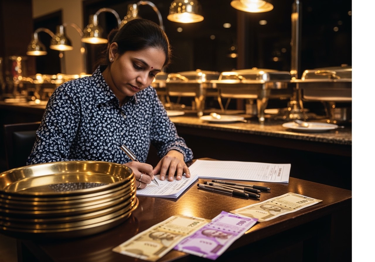 Catering ops head filling the event-day sheet at a wedding venue — buffet chafing dishes behind, clipboard on a side table