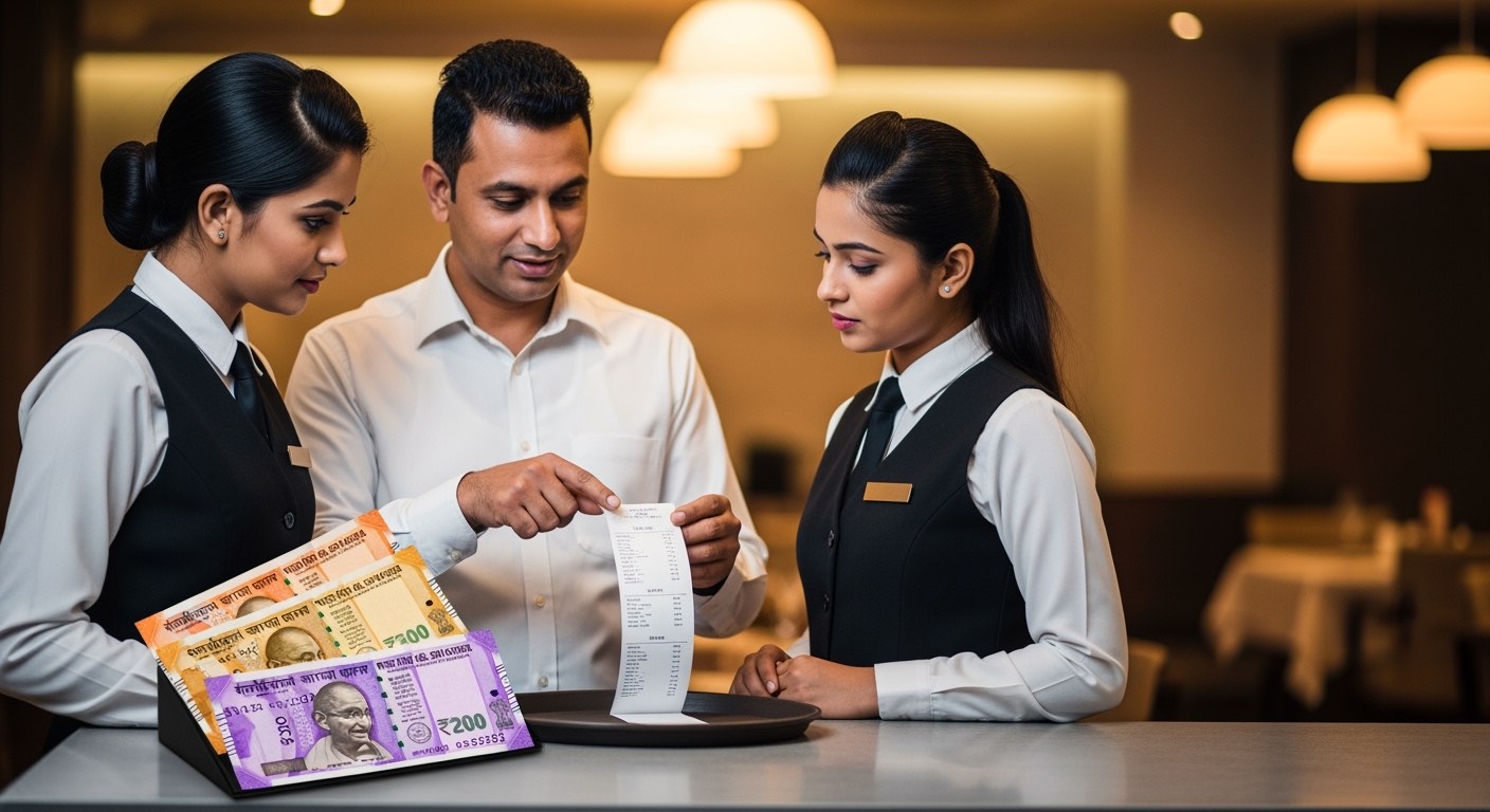 Restaurant manager training staff on bill presentation with sample receipt