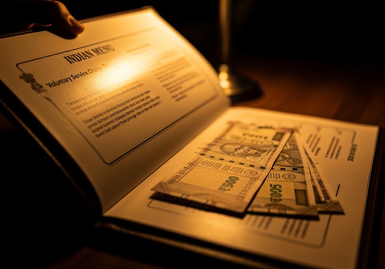 Restaurant menu with prominent voluntary service charge disclosure note