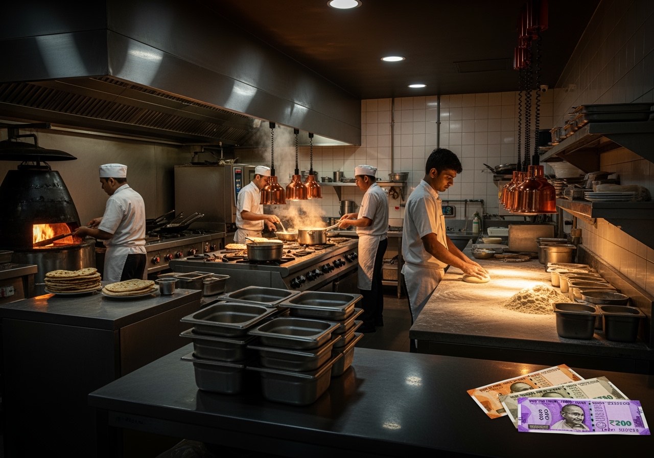Hub kitchen with multiple cooking stations and stainless steel batch containers