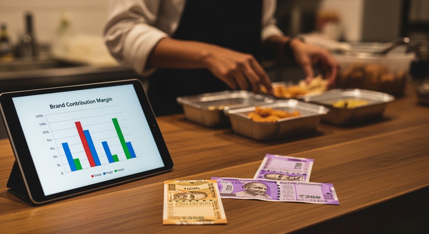 Per-brand contribution margin chart on a tablet — three brands stacked, one in red, kitchen prep visible behind