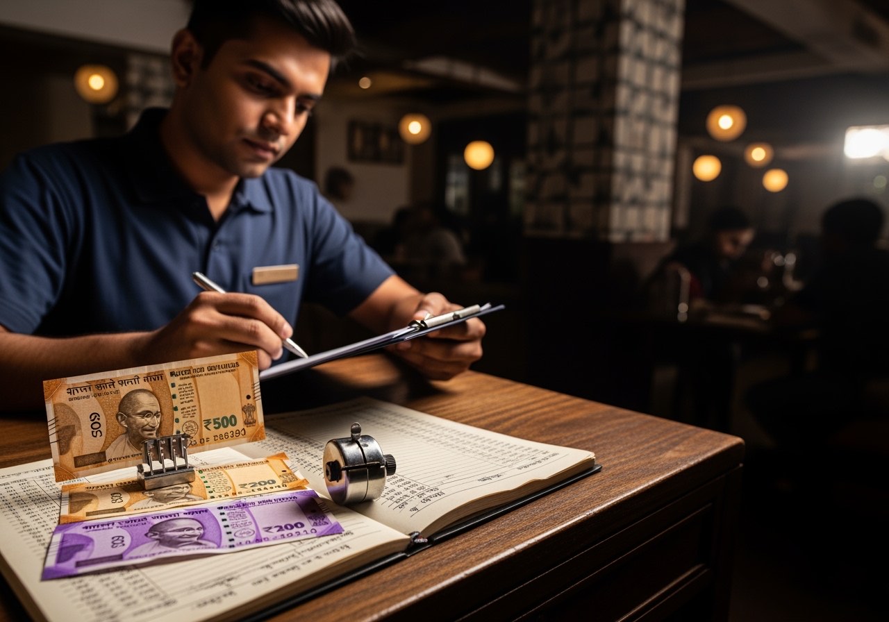 Composite restaurant manager noting cover counts on a clipboard at a corner station