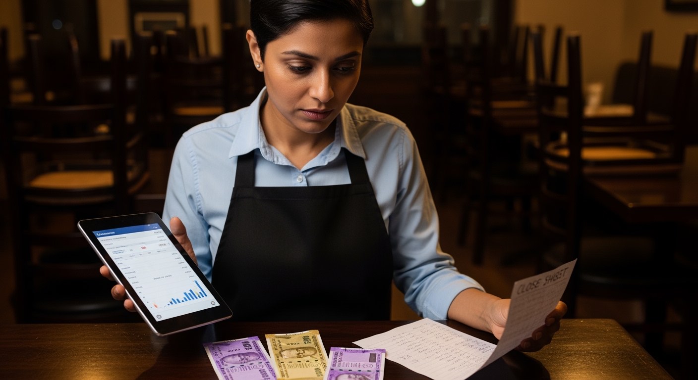 Restaurant manager comparing POS dashboard on tablet against handwritten close sheet