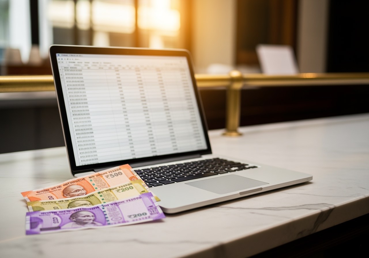 Excel daily sales report template open on laptop with Indian restaurant counter behind