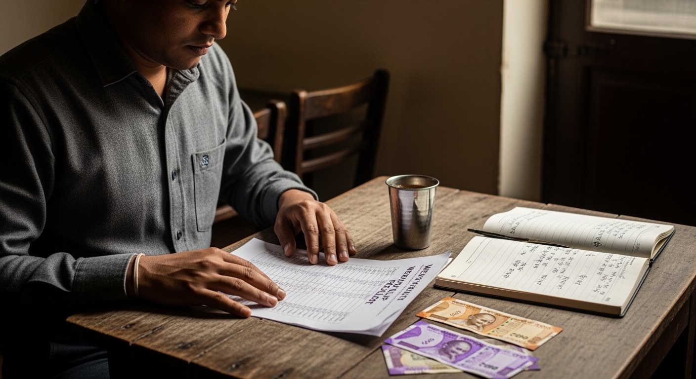 Owner reviewing weekly DSR rollup sheet on tablet with chai and notebook