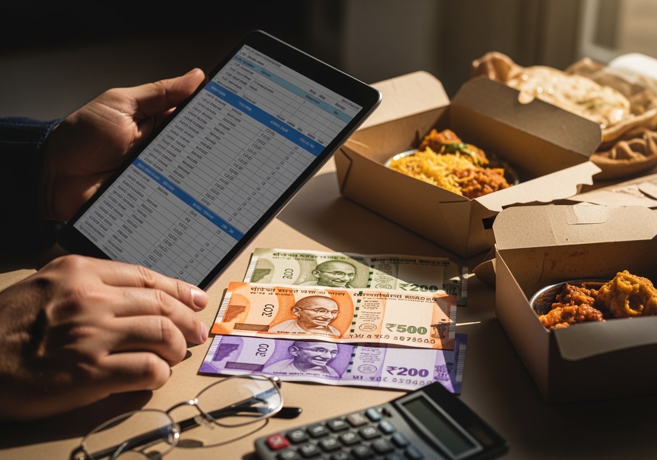 Composite operator reviewing aggregator settlement statement on tablet, currency notes and packaging samples beside
