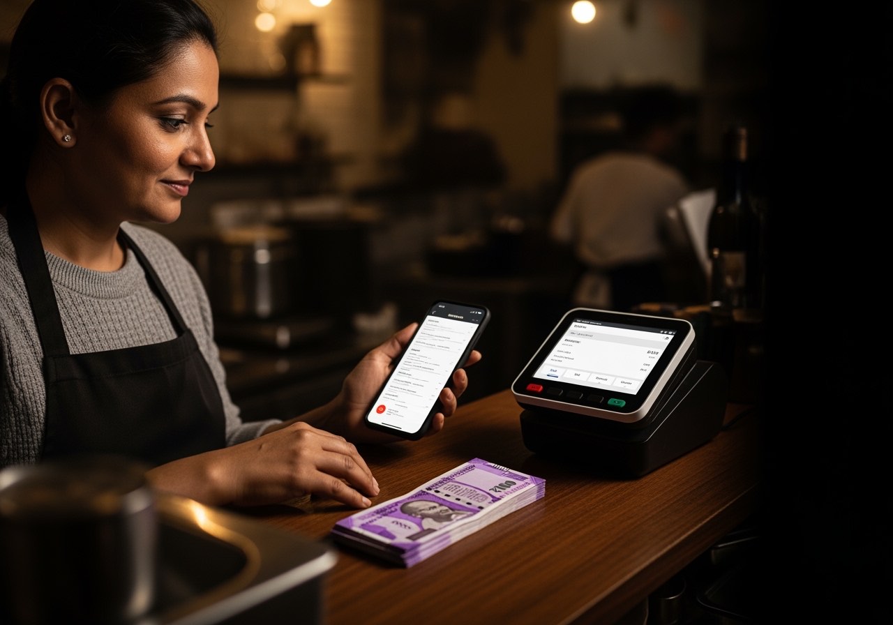 Owner at a counter looking at a phone showing a generic menu page on the left and a billing terminal on the right
