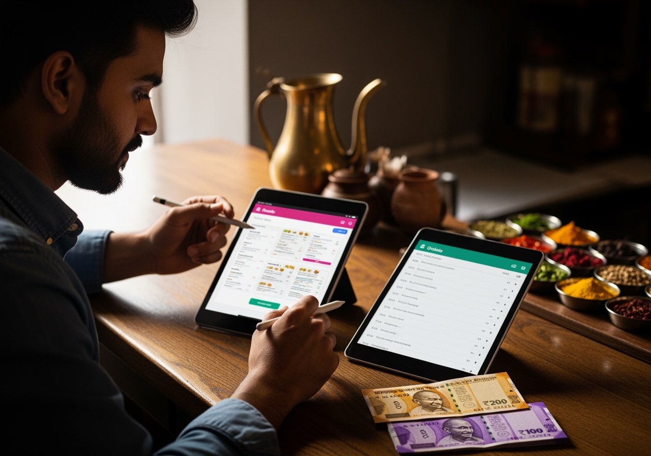 Counter with a tablet running POS billing and a small printed sign showing a generic QR code for direct ordering
