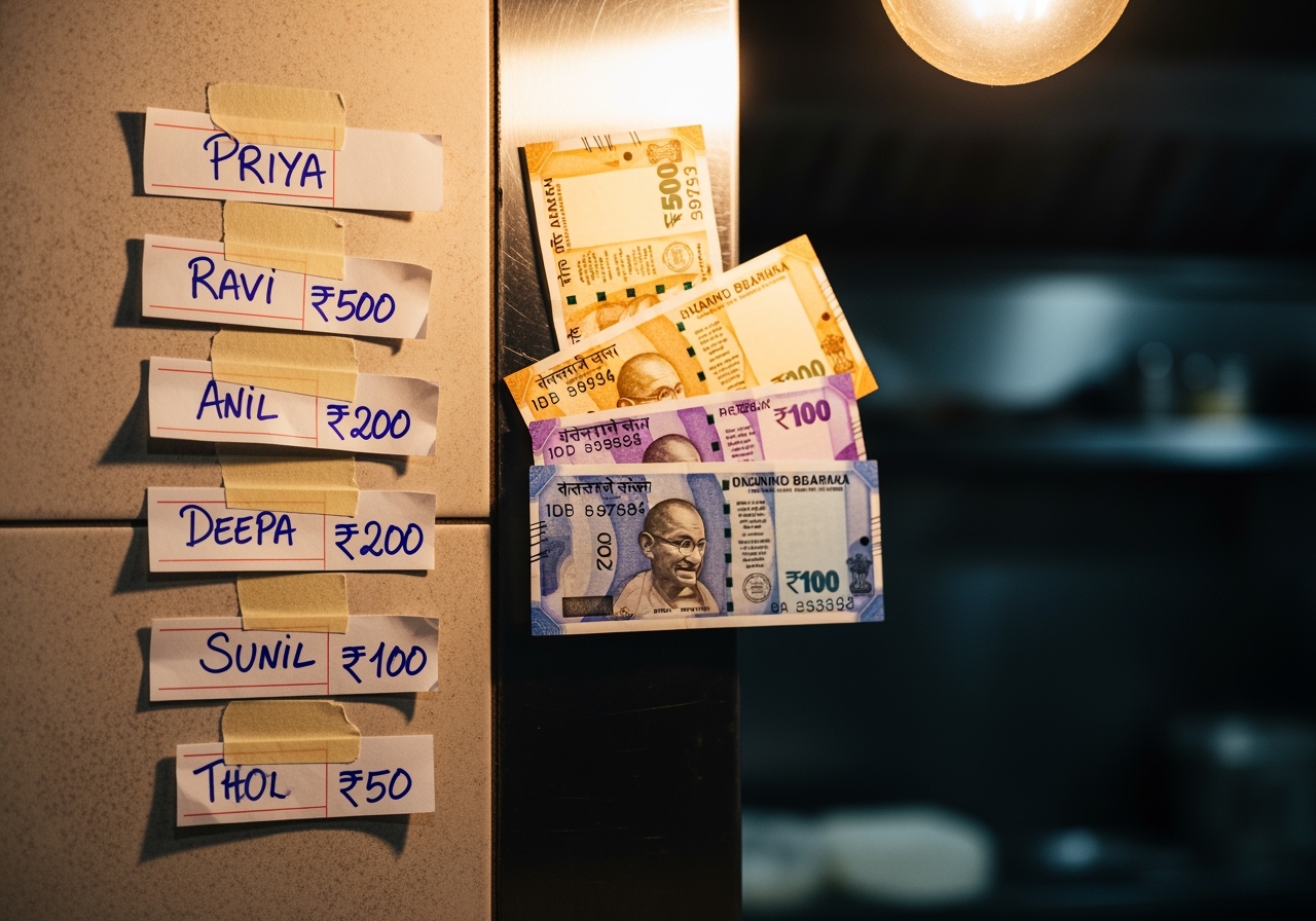 Five small handwritten paper slips taped to the wall by the kitchen pass — first names with rupee amounts