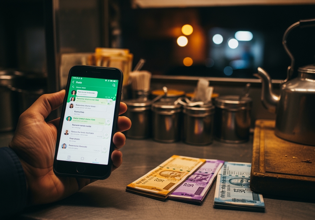 Smartphone in hand showing a generic green-and-white messaging interface with multiple stacked group chats