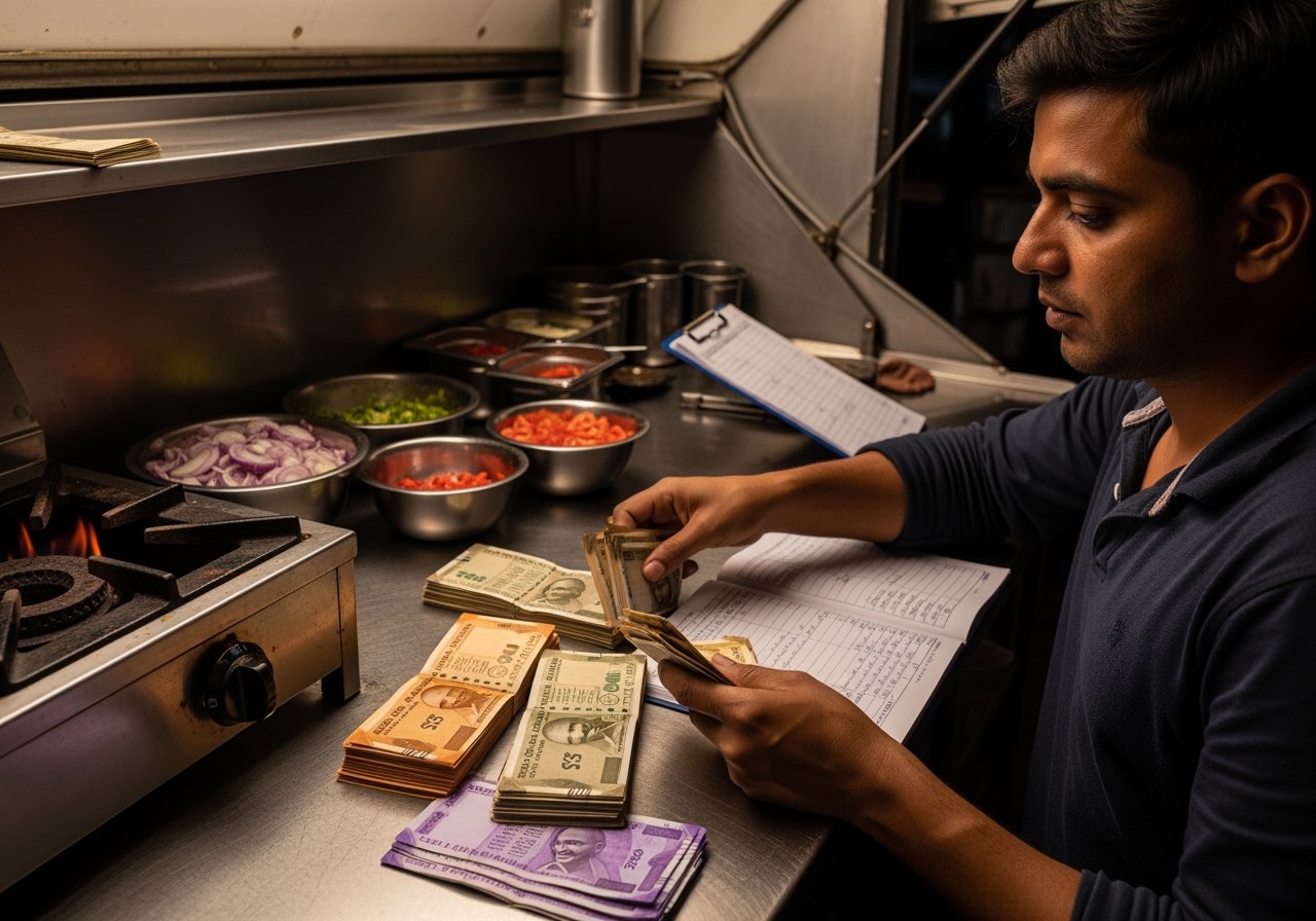 Food truck operator at the side hatch, 9pm, clipboard out, counting cash on the prep counter inside the truck