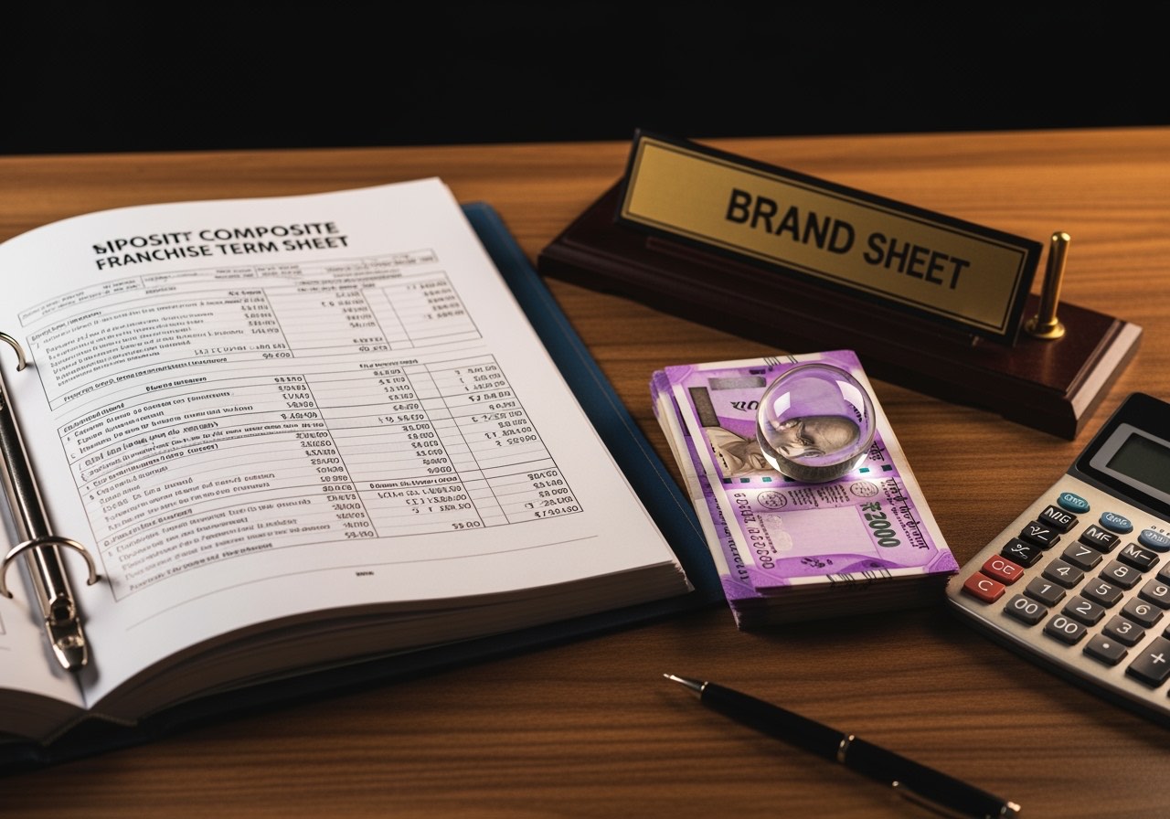 Composite operator at a counter weighing franchise brochures against an independent menu mockup