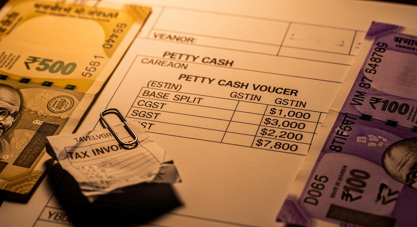 Detail shot of a voucher with the GST split rows clearly filled — base, CGST, SGST visible