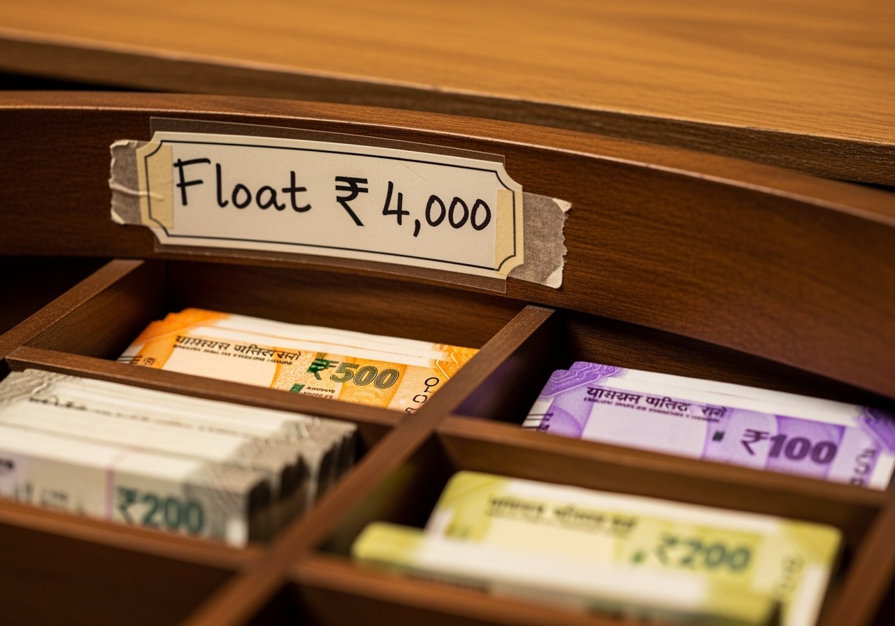 Detail shot of a labelled cash drawer with the float number written on a sticker inside the rim, mixed denominations sorted