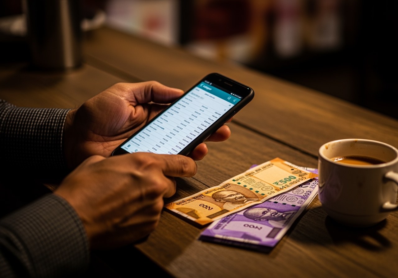 Owner pages through a worn cloth-bound udhaar ledger on a counter while a smartphone glows beside it