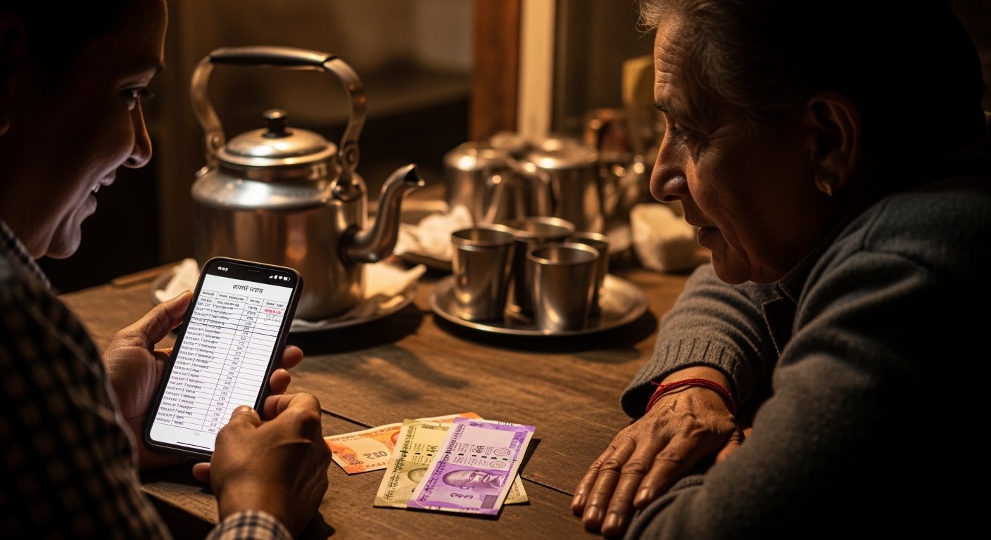 Tea shop owner shows a Hindi-script ledger entry on a phone screen to a regular customer across the counter