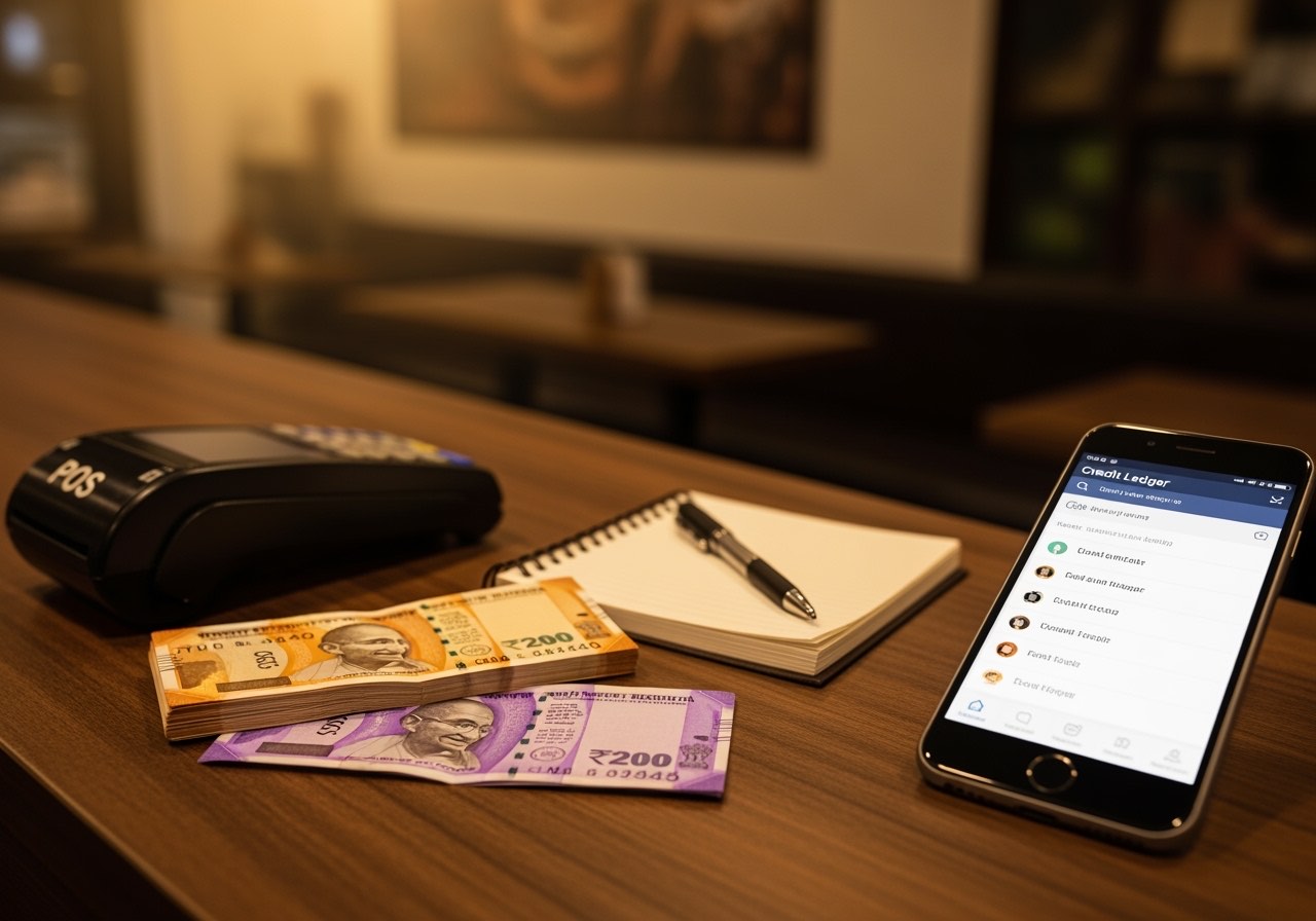 Counter setup with a POS terminal on the left and a phone showing a credit ledger on the right