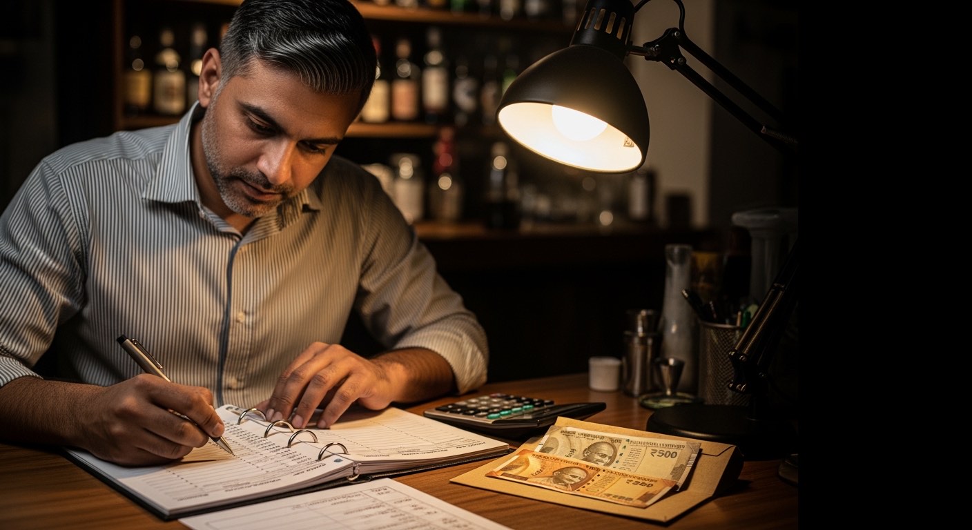 Bar staff recording stock in brand-wise excise register at end of shift