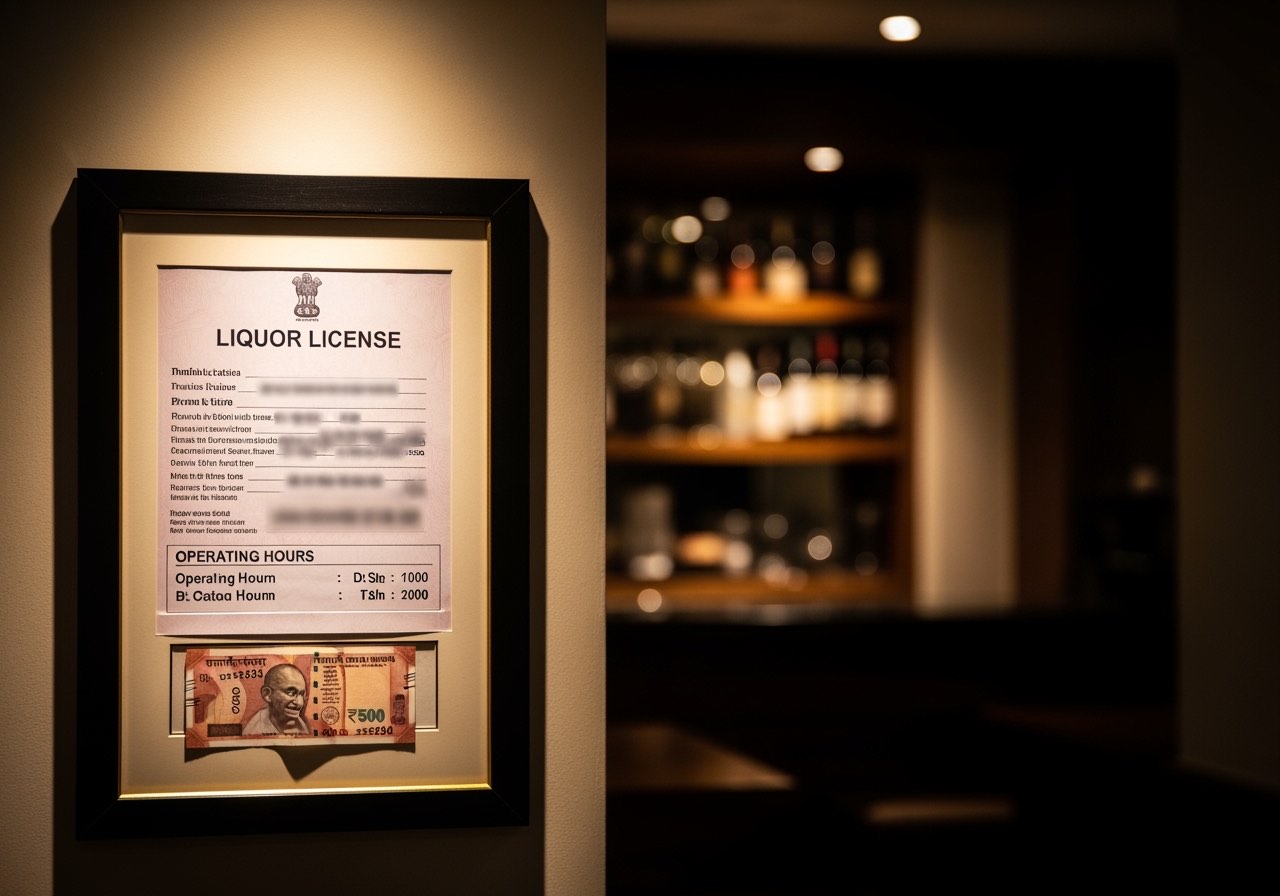 Liquor license framed and displayed at the bar entrance with valid dates visible
