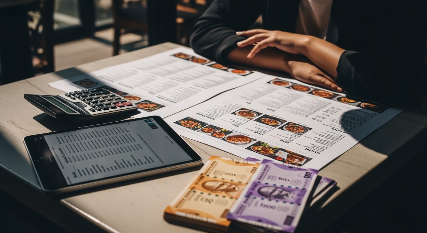 Composite operator reviewing menu prints laid out on an empty dining table mid-afternoon with a calculator and a tablet showing dish-level data, warm natural light, no logos