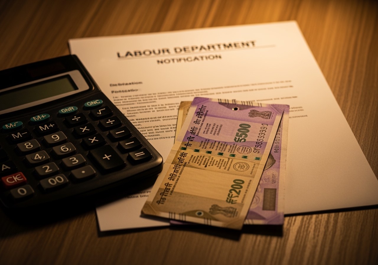 Indian state labour department gazette notification on table with calculator