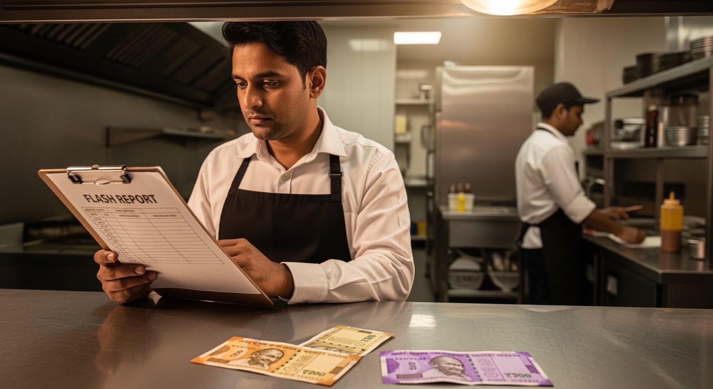Indian restaurant area manager reviewing daily flash report on tablet