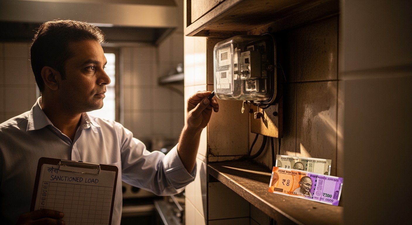 Composite restaurant kitchen mid-afternoon with a manager checking the electricity meter and a clipboard with sanctioned load notes, calm focused lighting, no logos