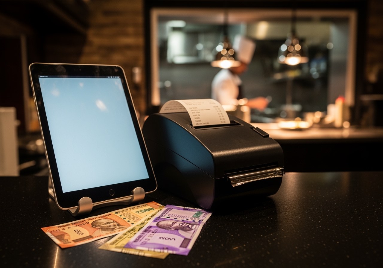 Composite POS terminal at a casual dining counter with kitchen pass behind