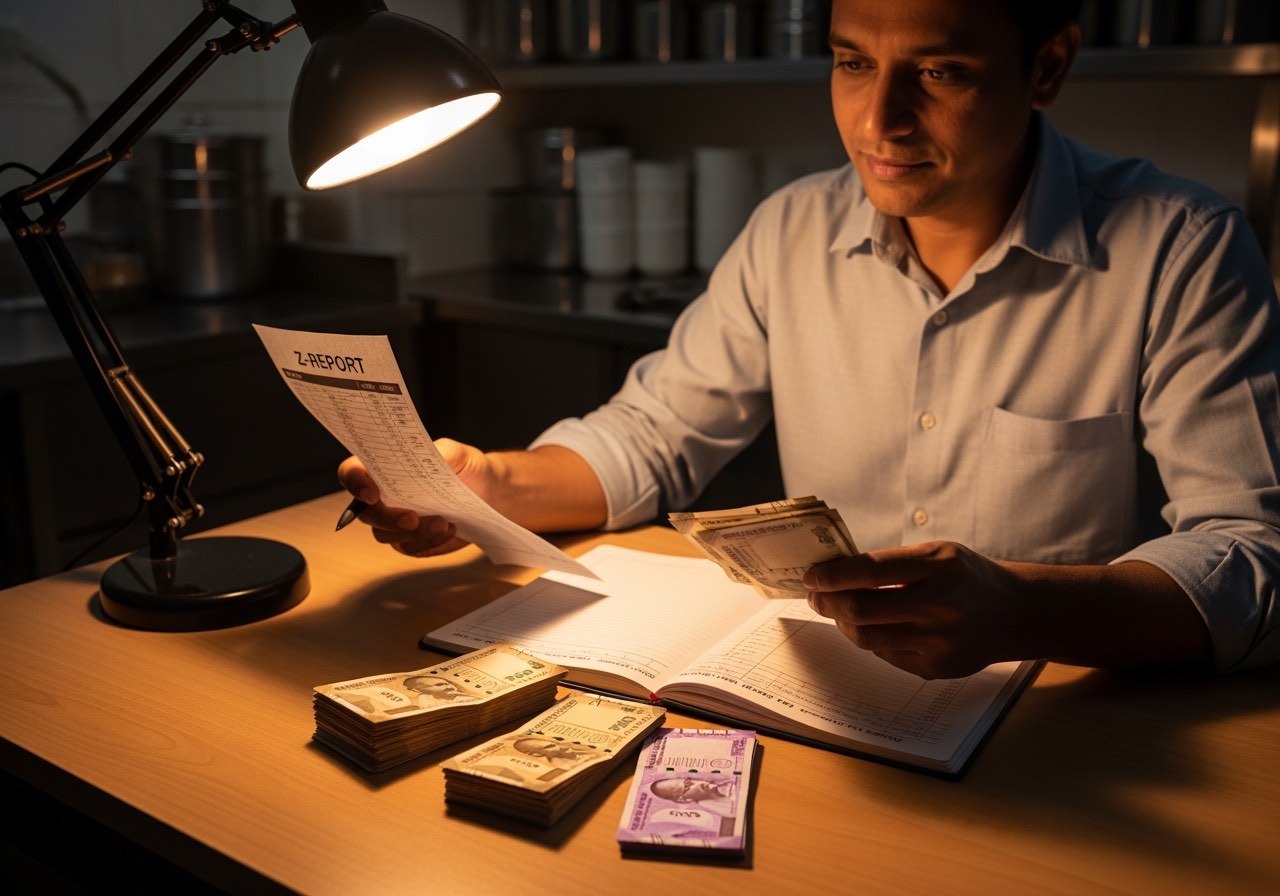 Owner reviewing daily Z-report from POS with a notebook for cash close
