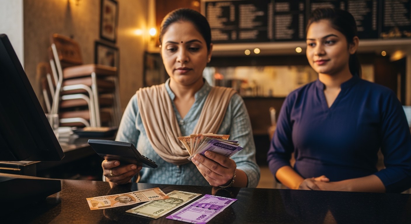 Owner running a surprise audit, comparing voucher pile against drawer cash with a calculator