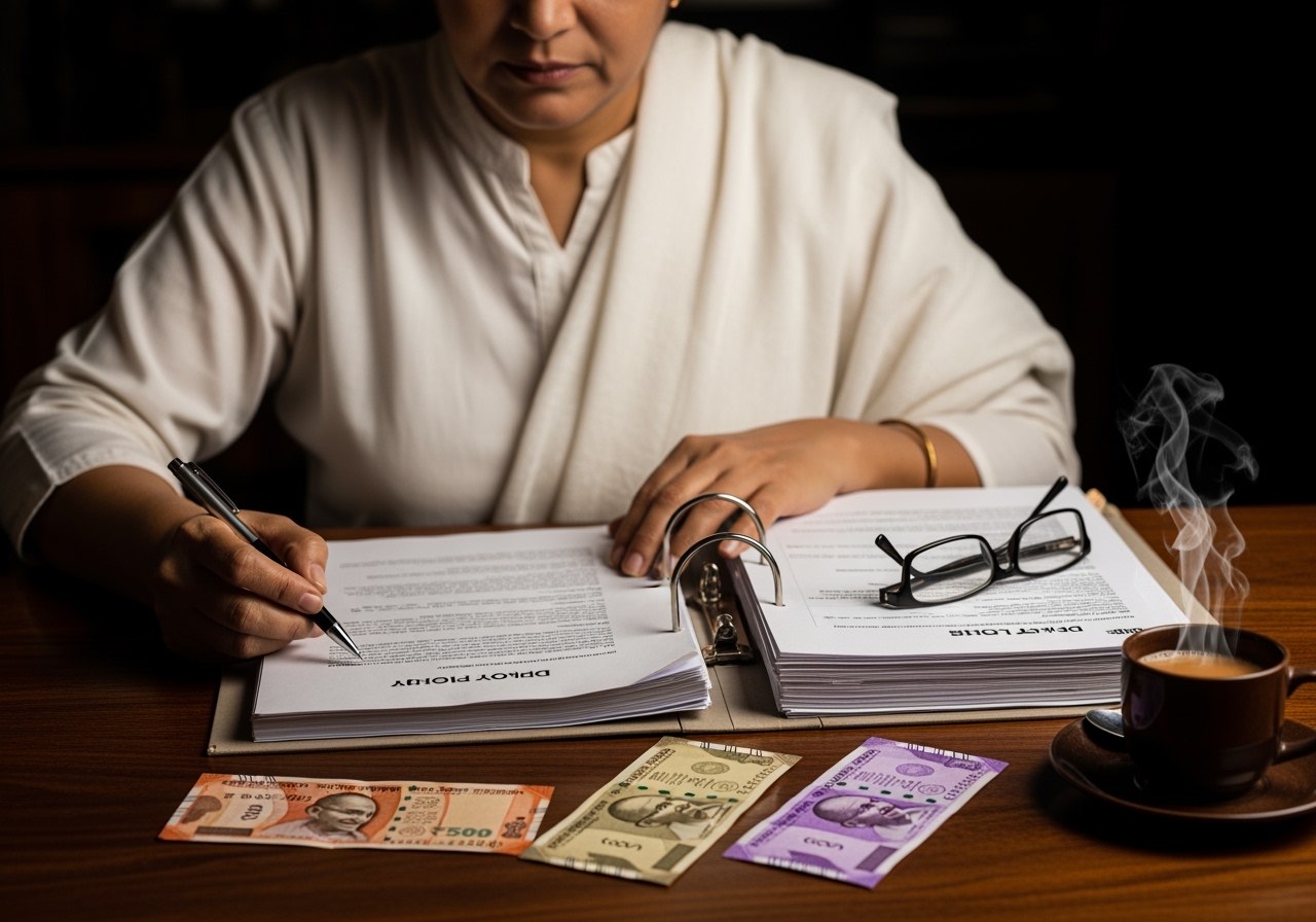 Owner reviewing a draft petty cash policy document on the back-office desk with a printed binder of past vouchers