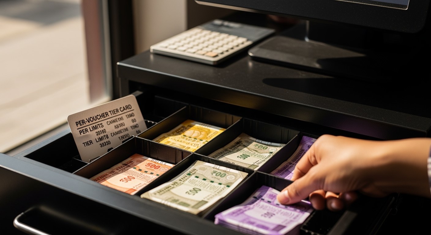 Laminated cash drawer card showing per-voucher and tier limits, posted inside the till