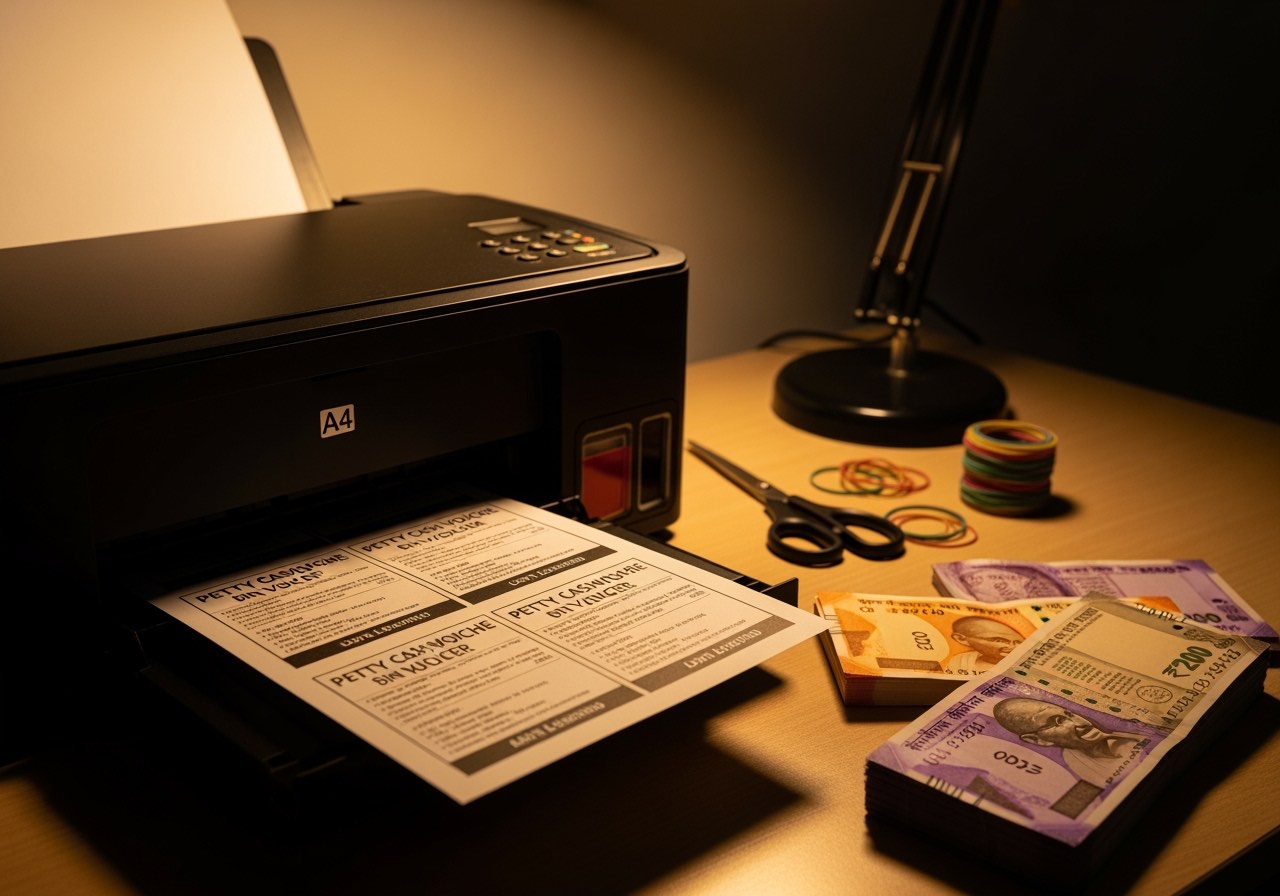 A4 sheet पर 50 हिंदी PCV print होते हुए — printer tray में निकलते vouchers