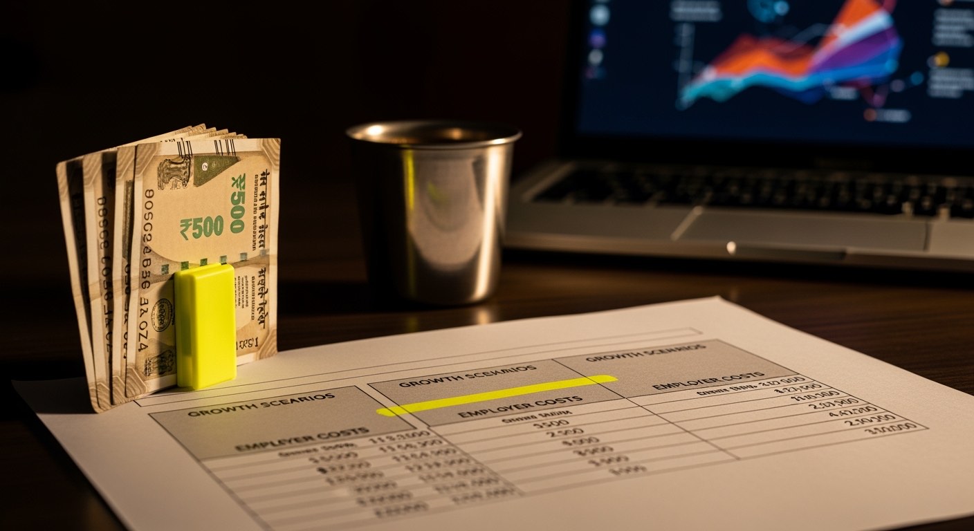 Spreadsheet calculating PF + ESI employer cost across three growth scenarios for a multi-outlet operator