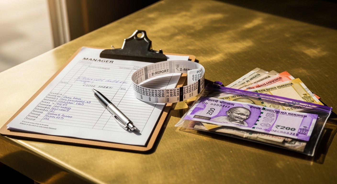 Close sheet clipboard with denomination breakdown and Z-report tape