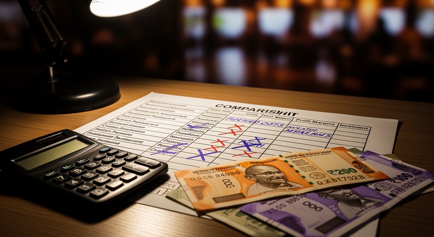 Indian restaurant chain owner with laptop comparing software options at desk