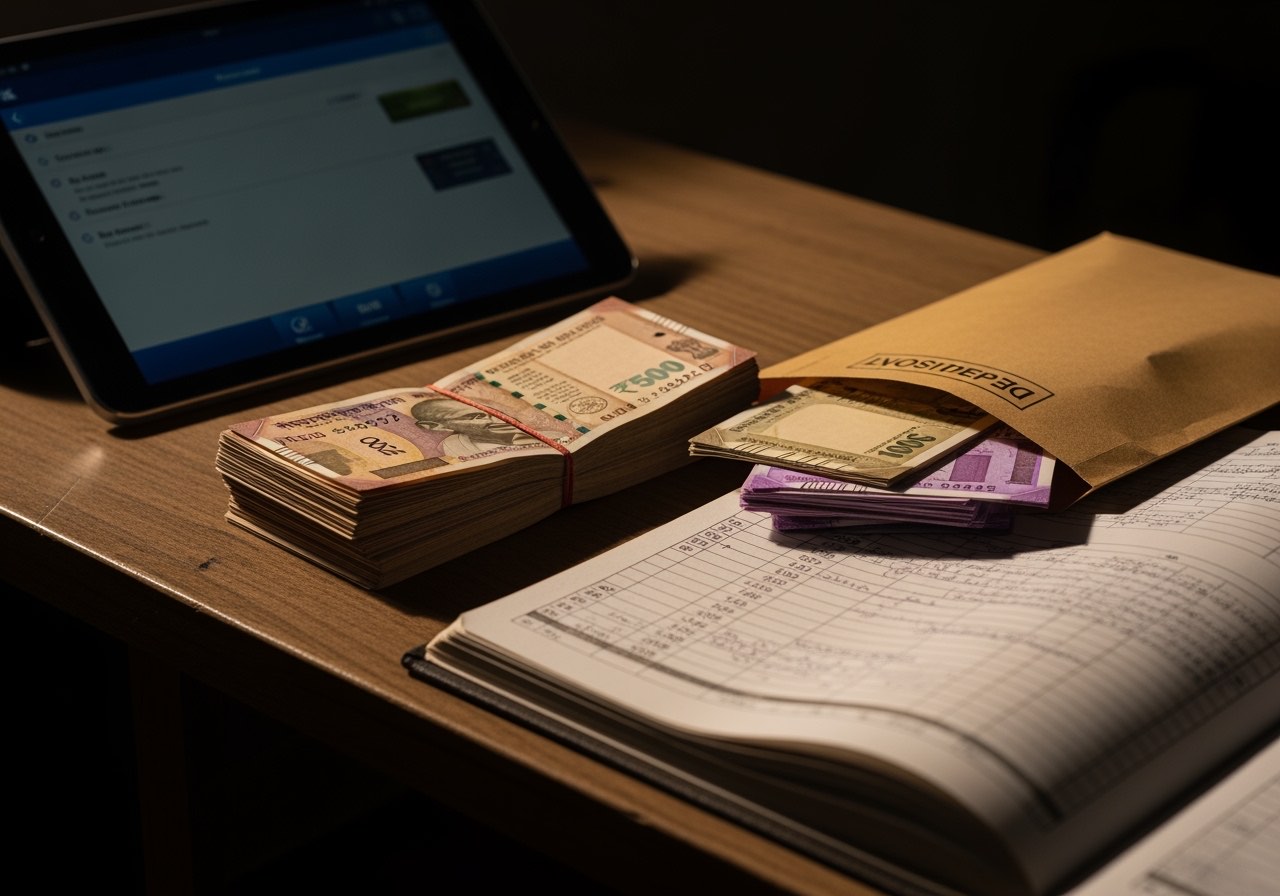 एक NCR के छोटे रेस्टोरेंट का back office desk — counter पर tablet, deposit envelope, और ₹500 notes का stack