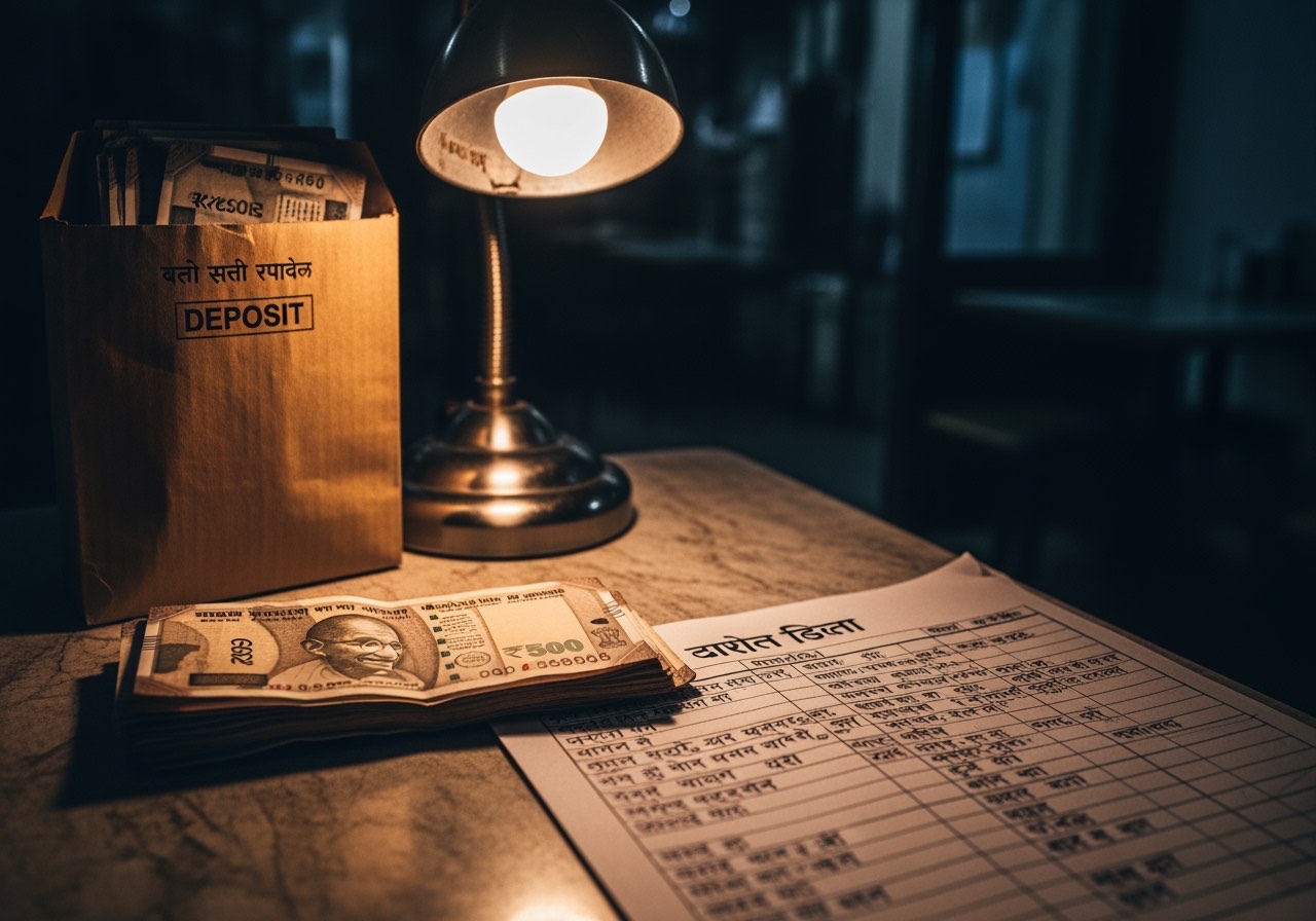 End-of-day पर एक छोटे outlet का counter — closed, deposit envelope और daily sheet table पर