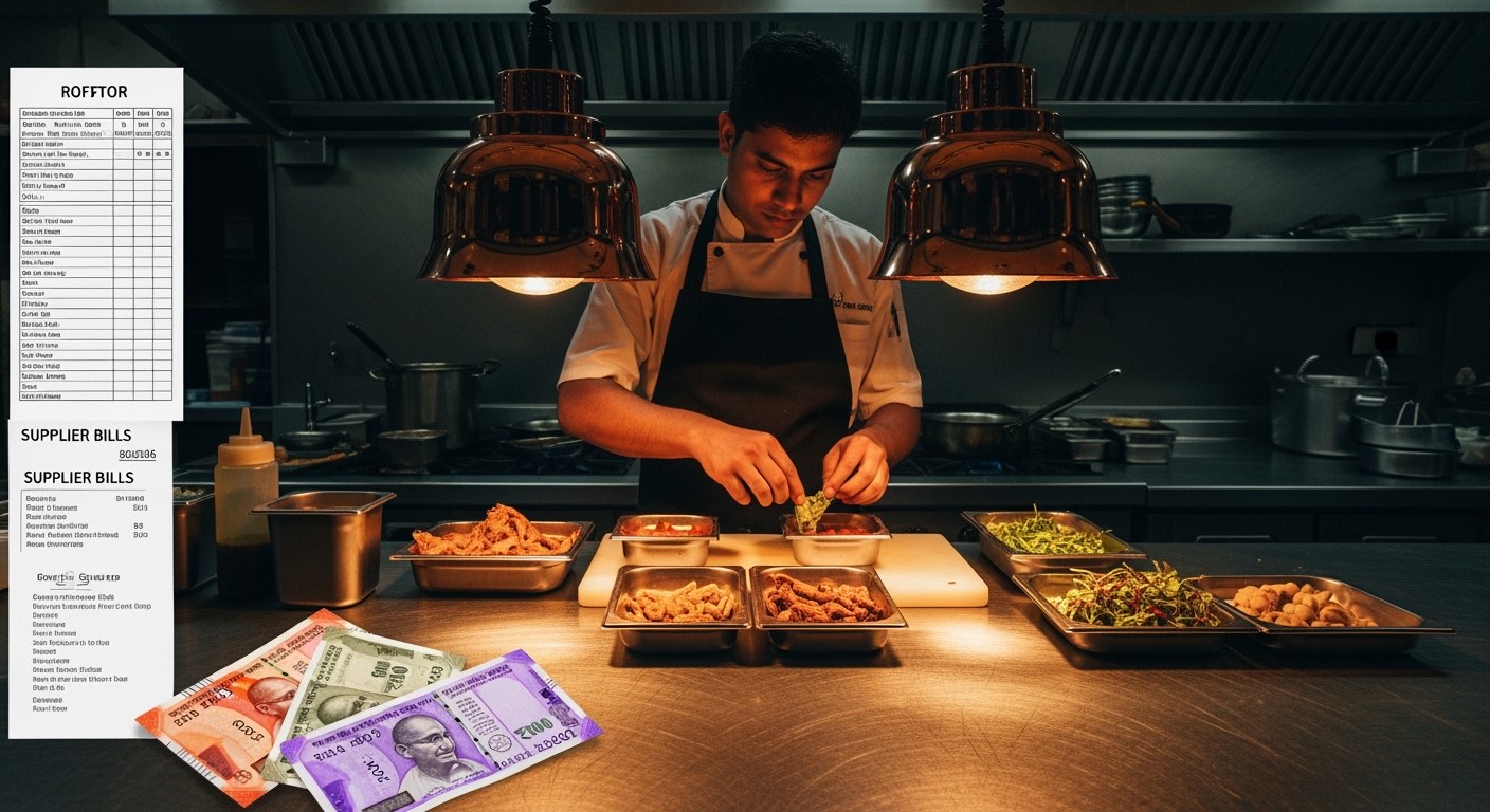 Restaurant kitchen pass mid-afternoon with composite cook prepping mise-en-place, calm focused lighting, supplier bills and roster sheet on the side counter, no logos
