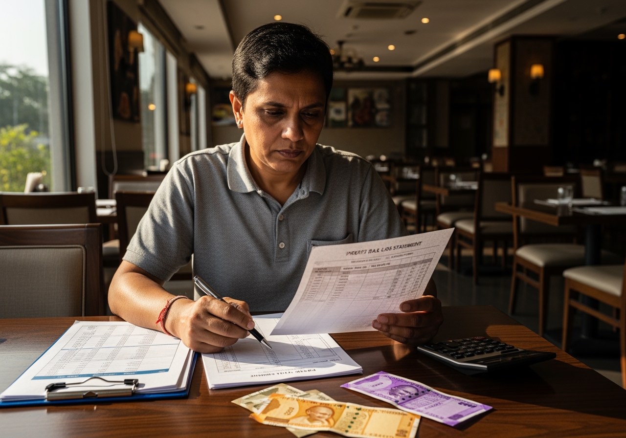 Composite restaurant owner reviewing a P&L on paper at an empty dining table mid-afternoon, calculator and spreadsheet printouts on the table, soft natural light