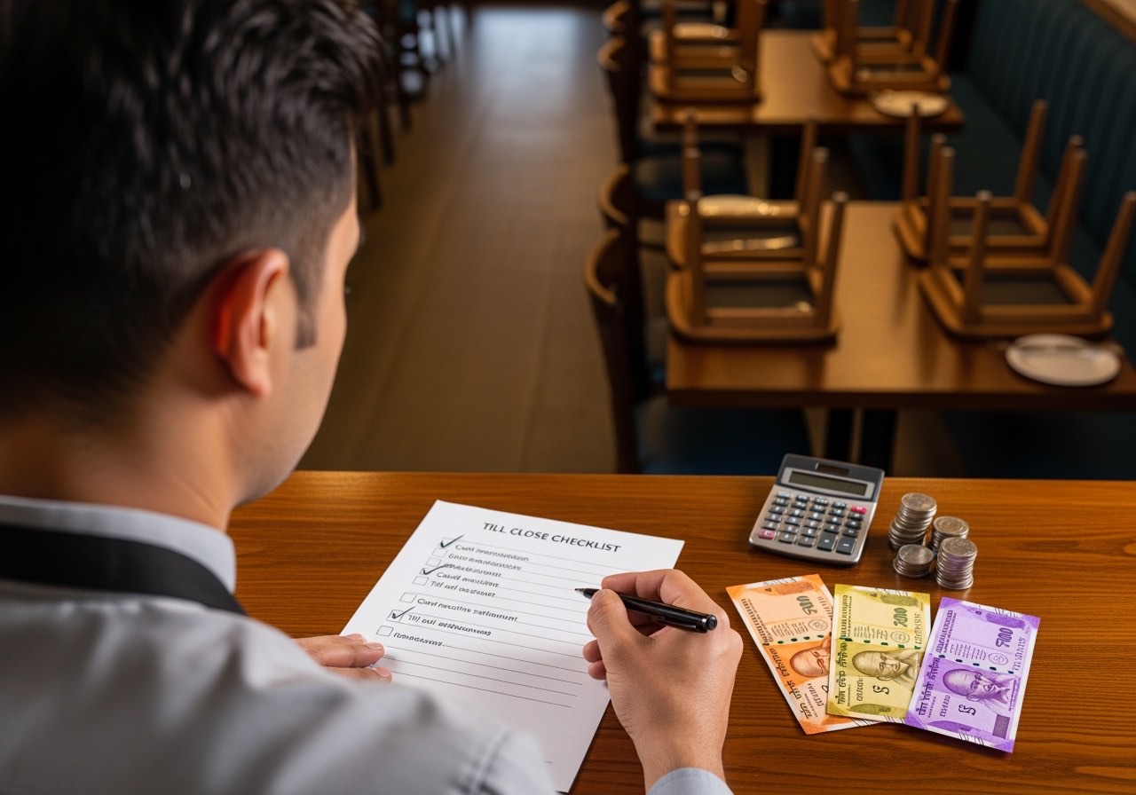 Restaurant manager working through till close checklist on clipboard at counter