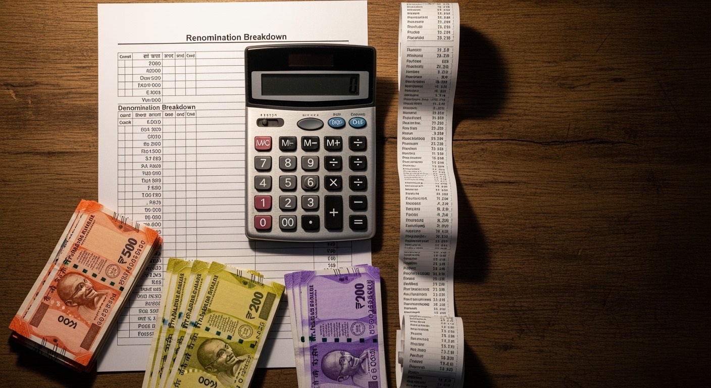 Variance reconciliation worksheet with denomination breakdown beside POS Z-report tape