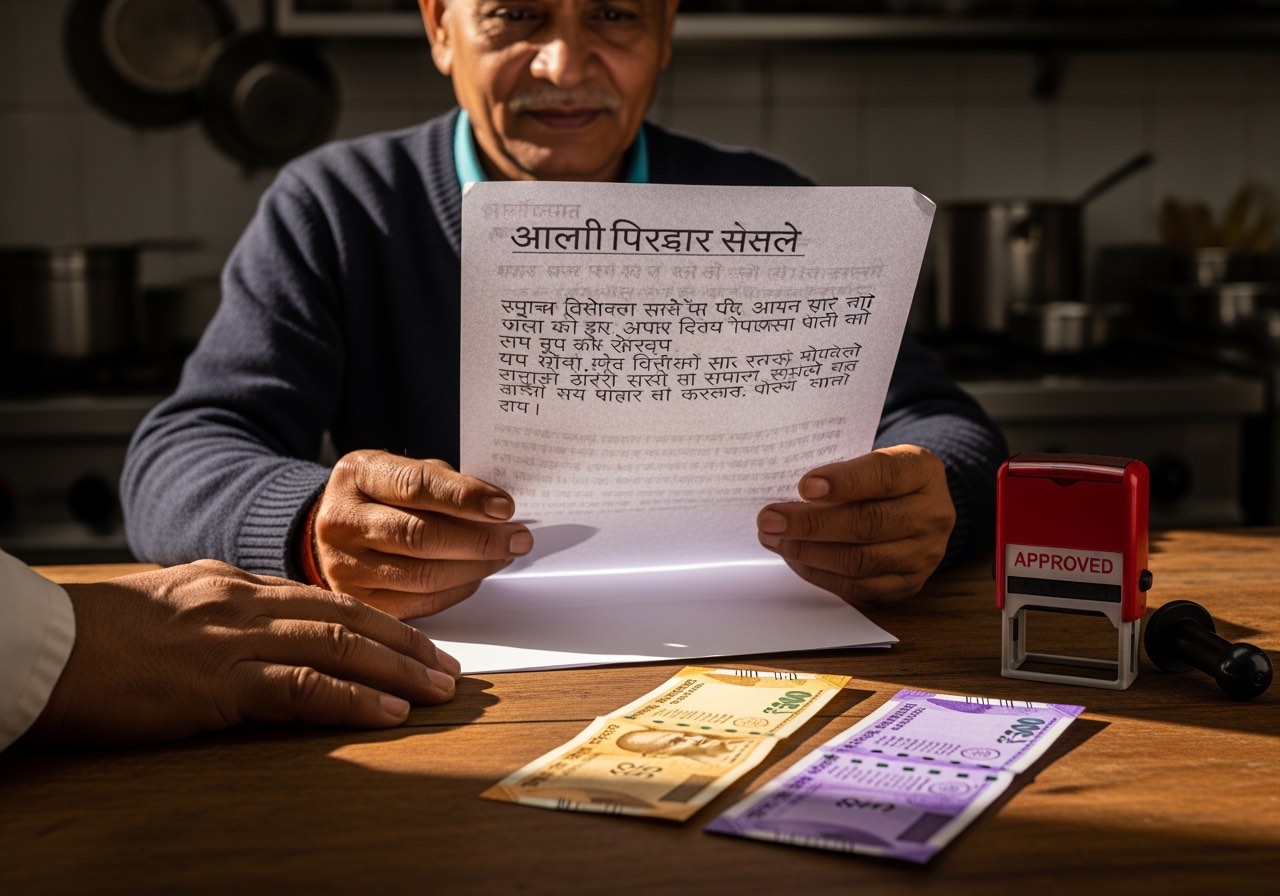 Owner reviewing handwritten salary advance request from cook at the back office, ledger open