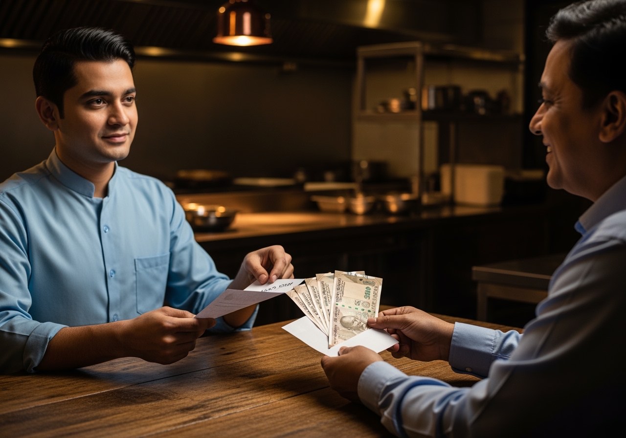 Indian restaurant staff member receiving salary slip from owner